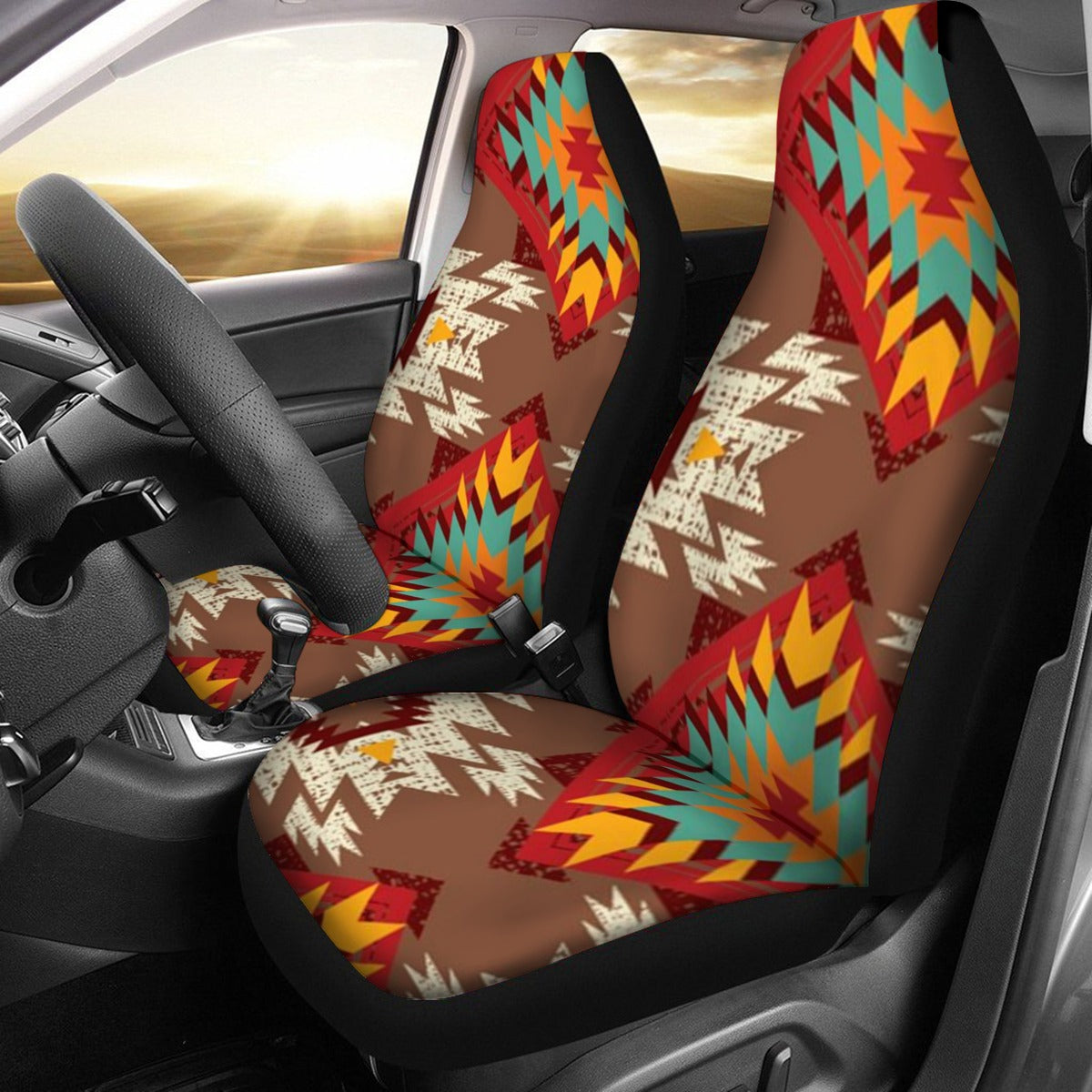 Brown Red & Turquoise Aztec Universal Car Seat Cover With Thickened Back