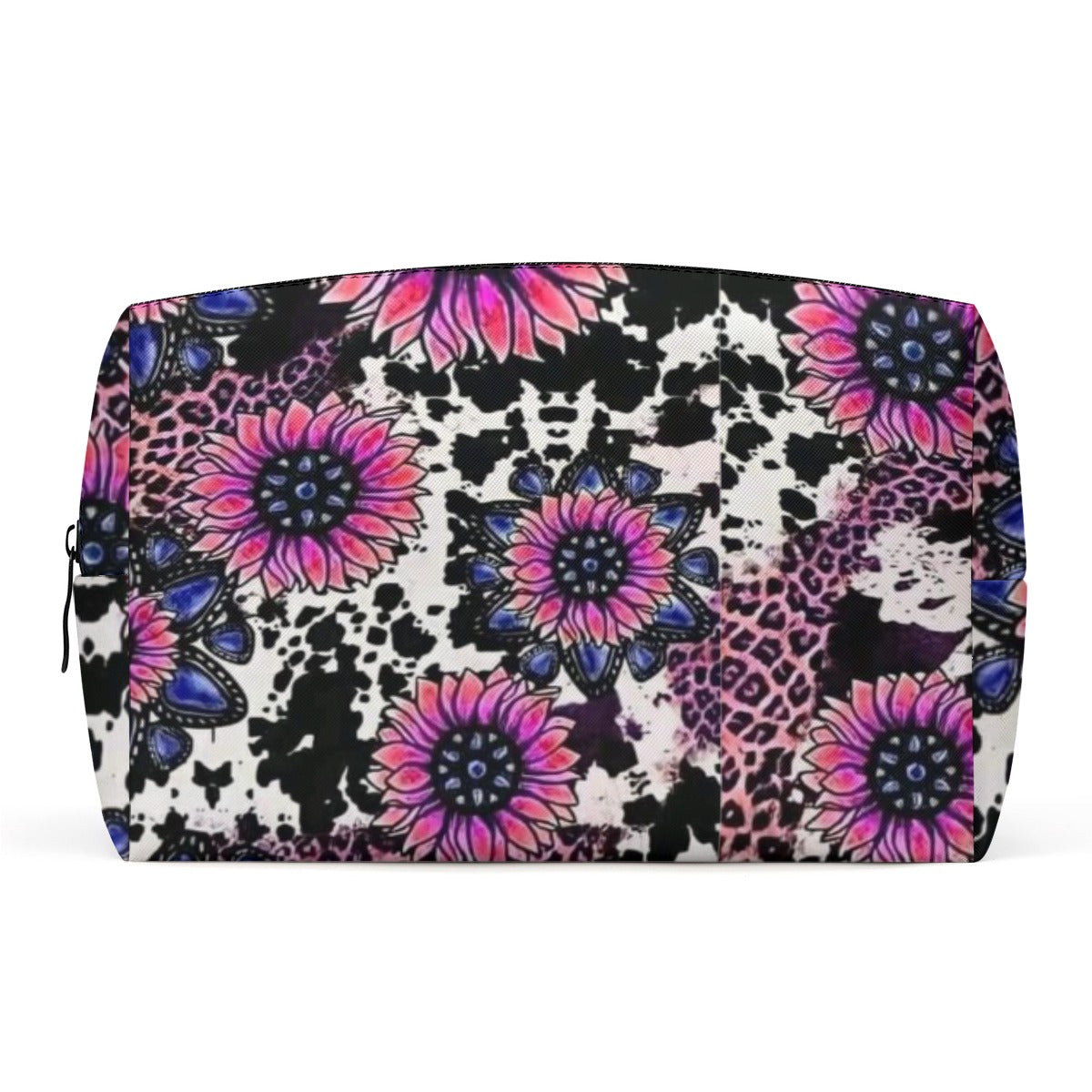 Cowprint Pink & Purple Sunflowers PU Cosmetic Bag