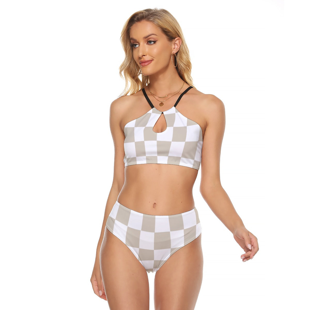 Tan Checkered Cami Keyhole Swimsuit