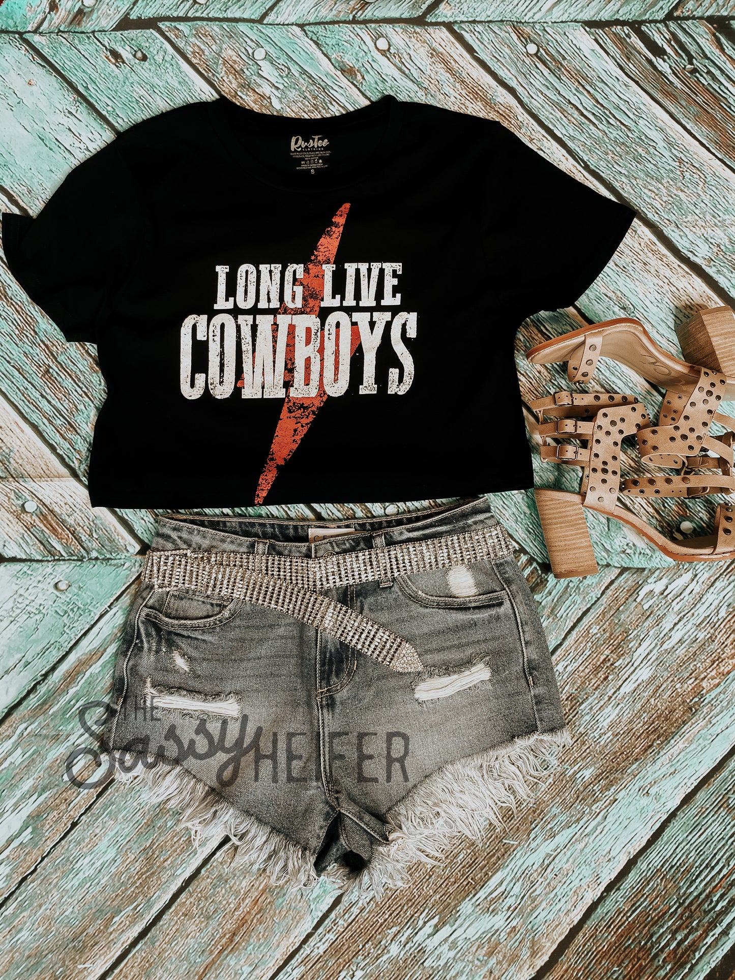Black Long Live Cowboys Cropped Graphic Tee