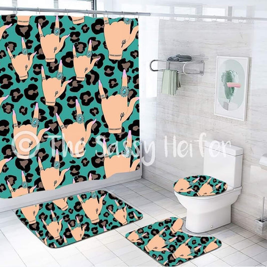 Turquoise Leopard Rock & Roll Hands Shower Curtain