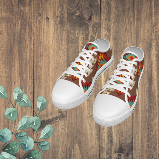 Brown Red & Turquoise Aztec White Sole Canvas Shoes