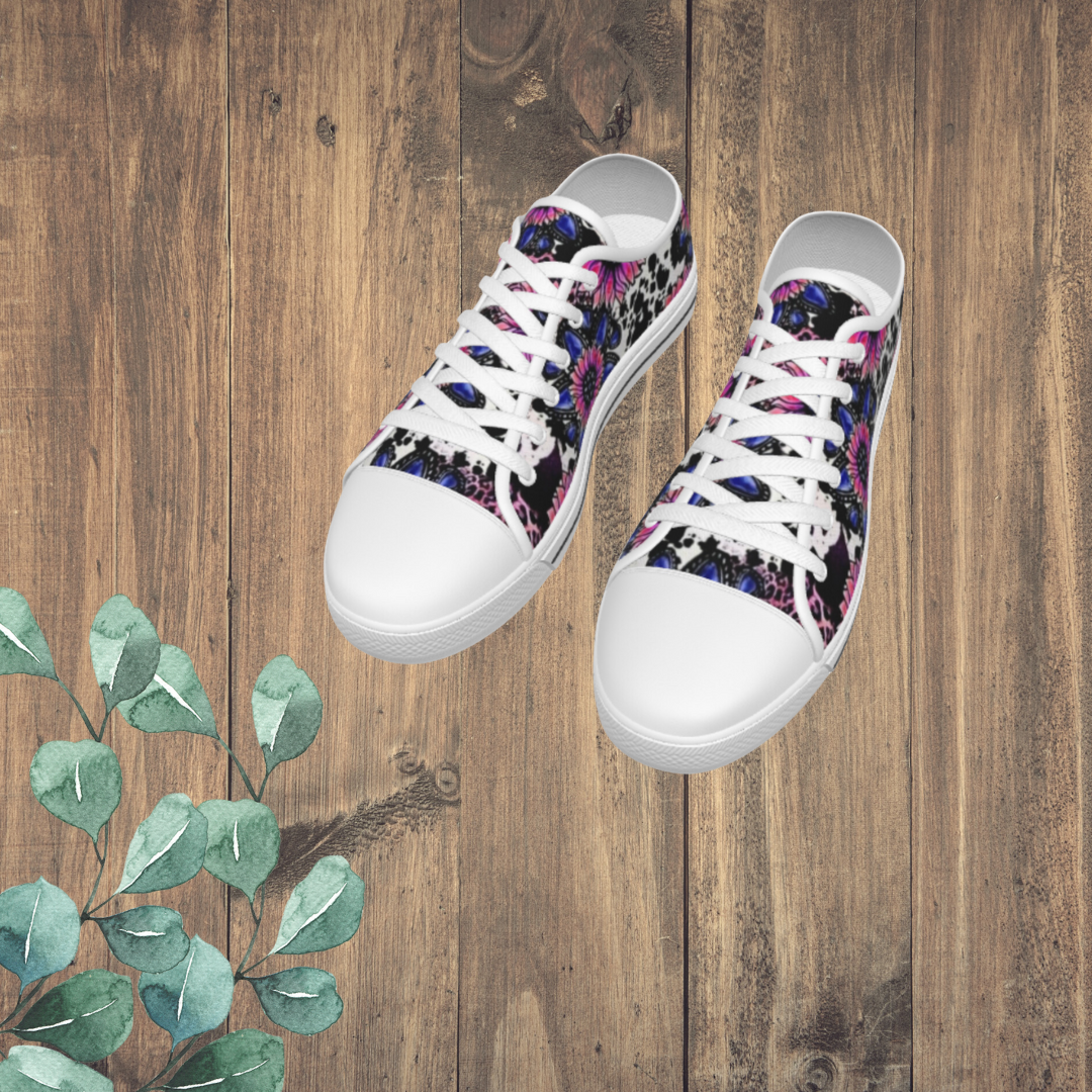 Cowprint Pink & Purple Sunflower White Sole Canvas Shoes
