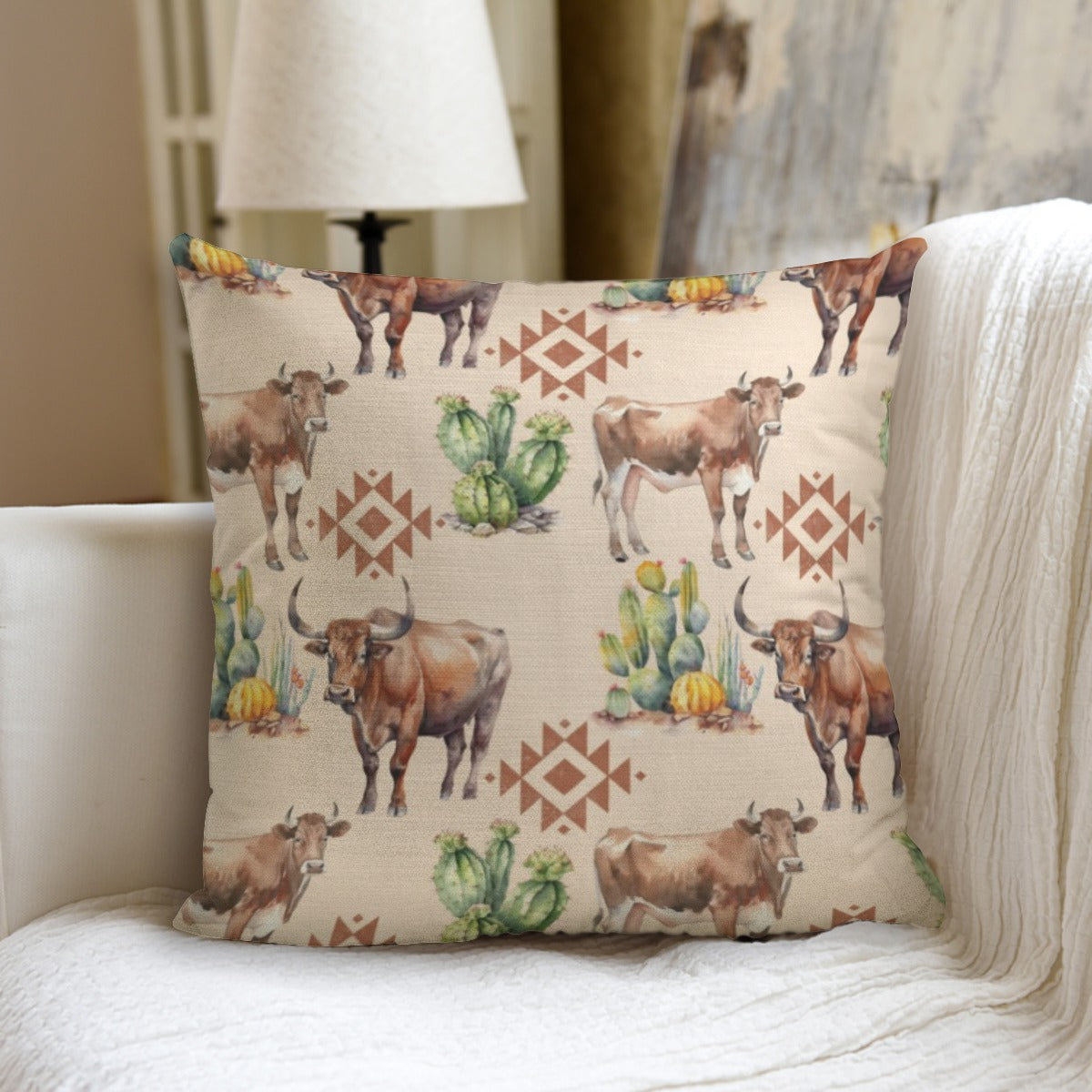 Longhorn Cactus Aztec pillow with pillow Inserts