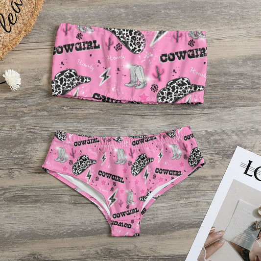 PRE-ORDER Women's Pink Cowgirl Bandeau Strapless Bikini Swimsuit