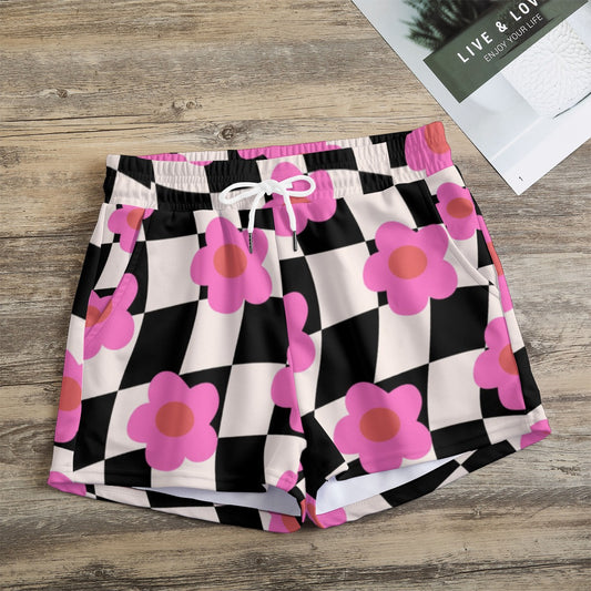 Retro Pink Flower Checkered Women's Casual Shorts