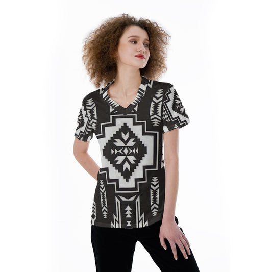 Black and White Aztec V-neck Women's T-shirt