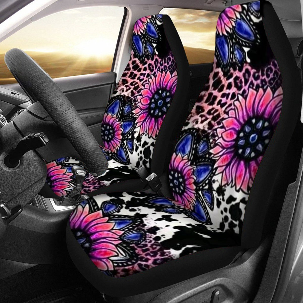 Cowprint Pink & Purple Sunflowers Universal Car Seat Cover With Thickened Back