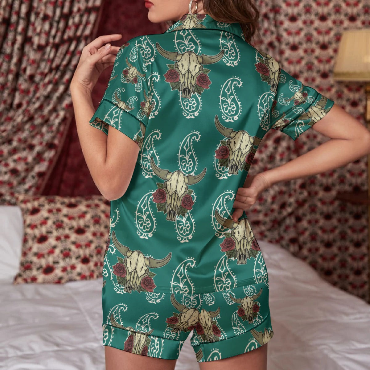 Teal Paisley Bullskull Silk Pajama Set