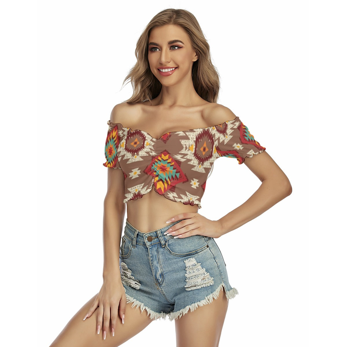 Brown Red & turquoise Aztec One-shoulder Off