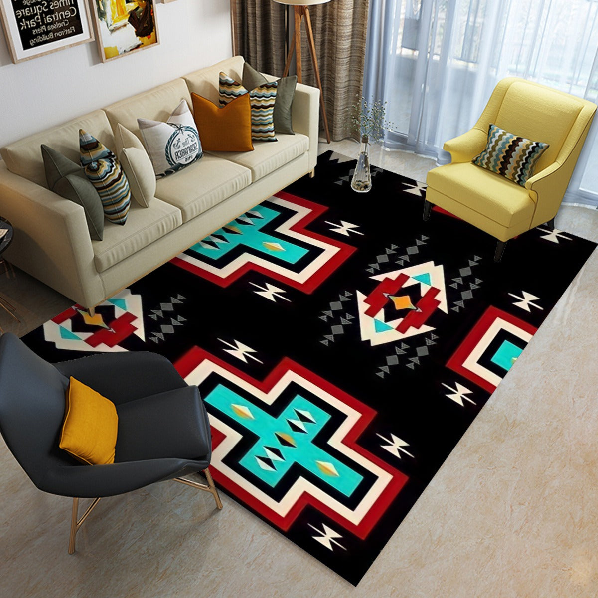 Black red & Turquoise Aztec Foldable Rectangular Floor Mat