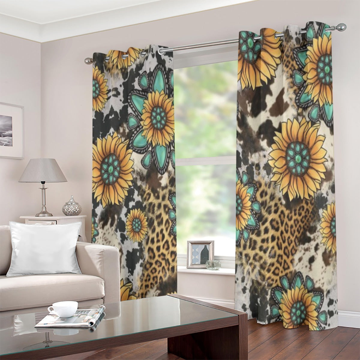 Cowprint Sunflower Turquoise Grommet Curtains