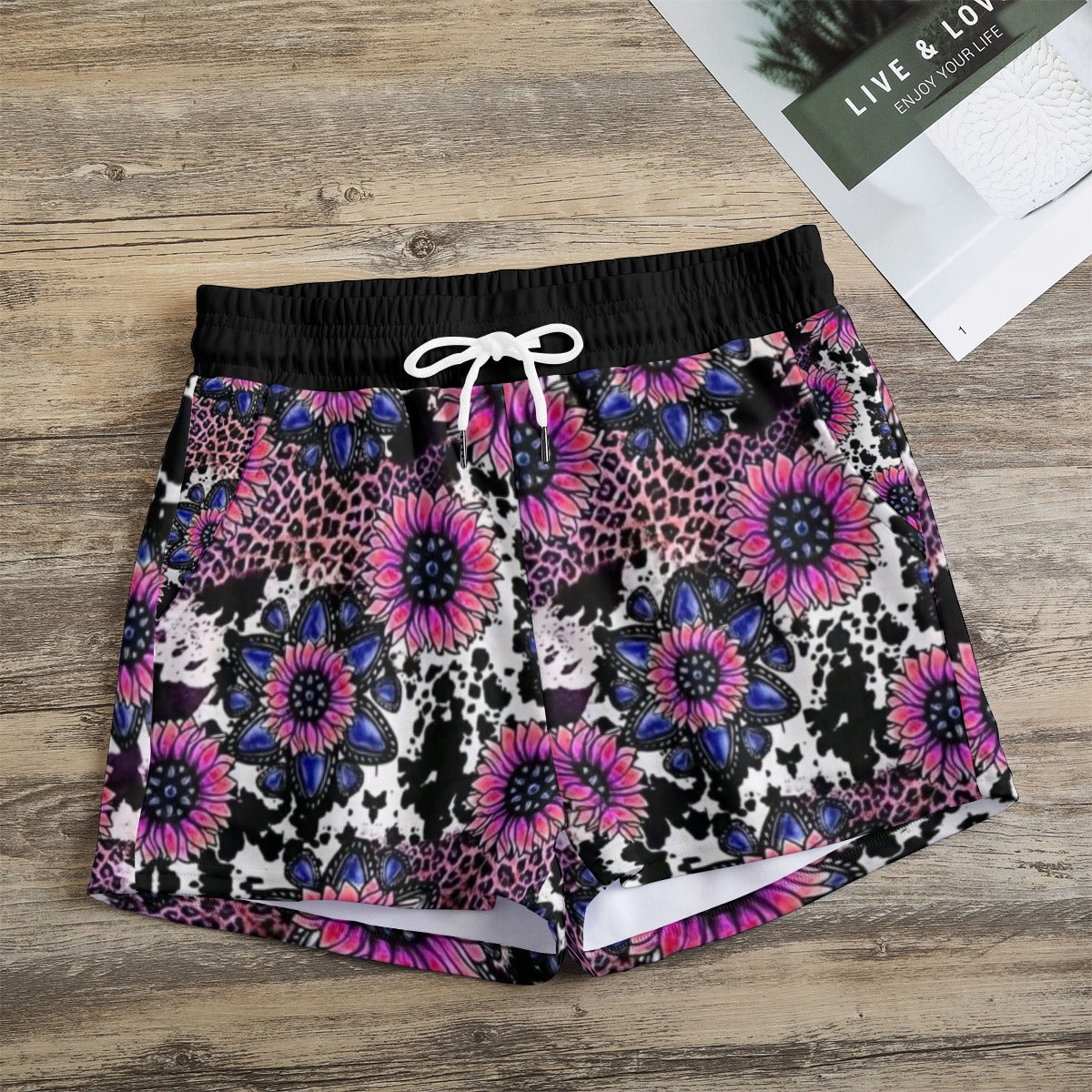 Cowprint Pink & Purple Sunflowers Casual Shorts