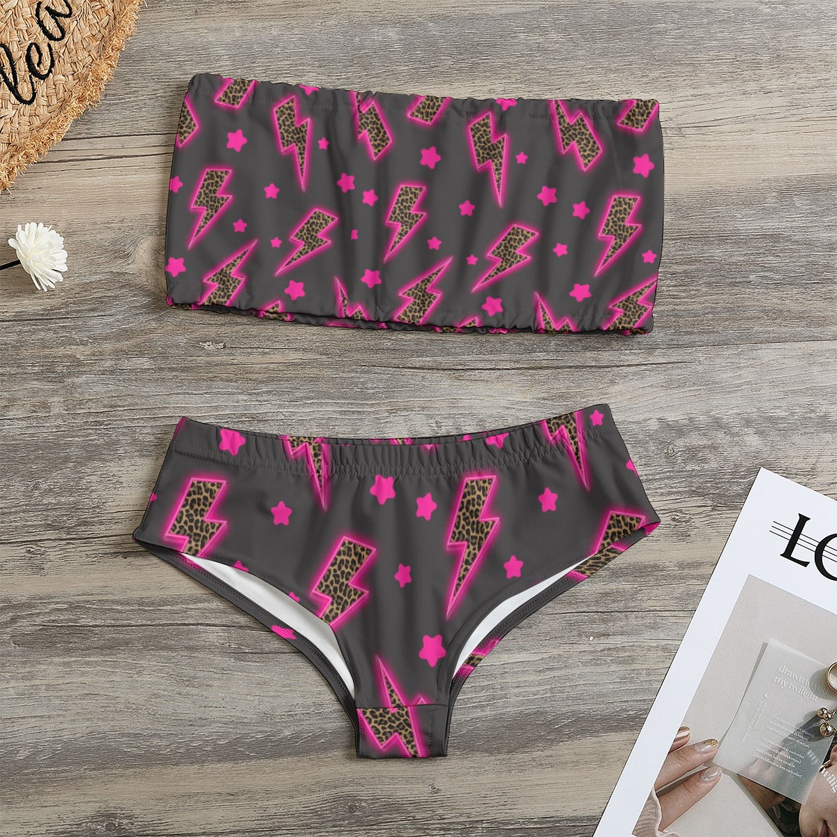 Hot pink Leopard Lightening Bandeau Strapless Bikini Swimsuit