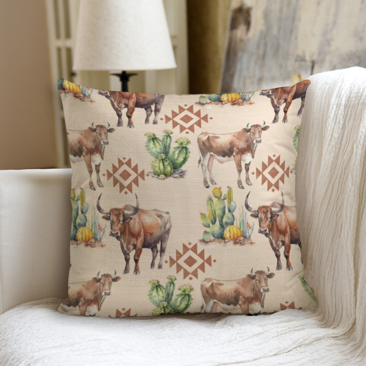Longhorn Cactus Aztec pillow with pillow Inserts