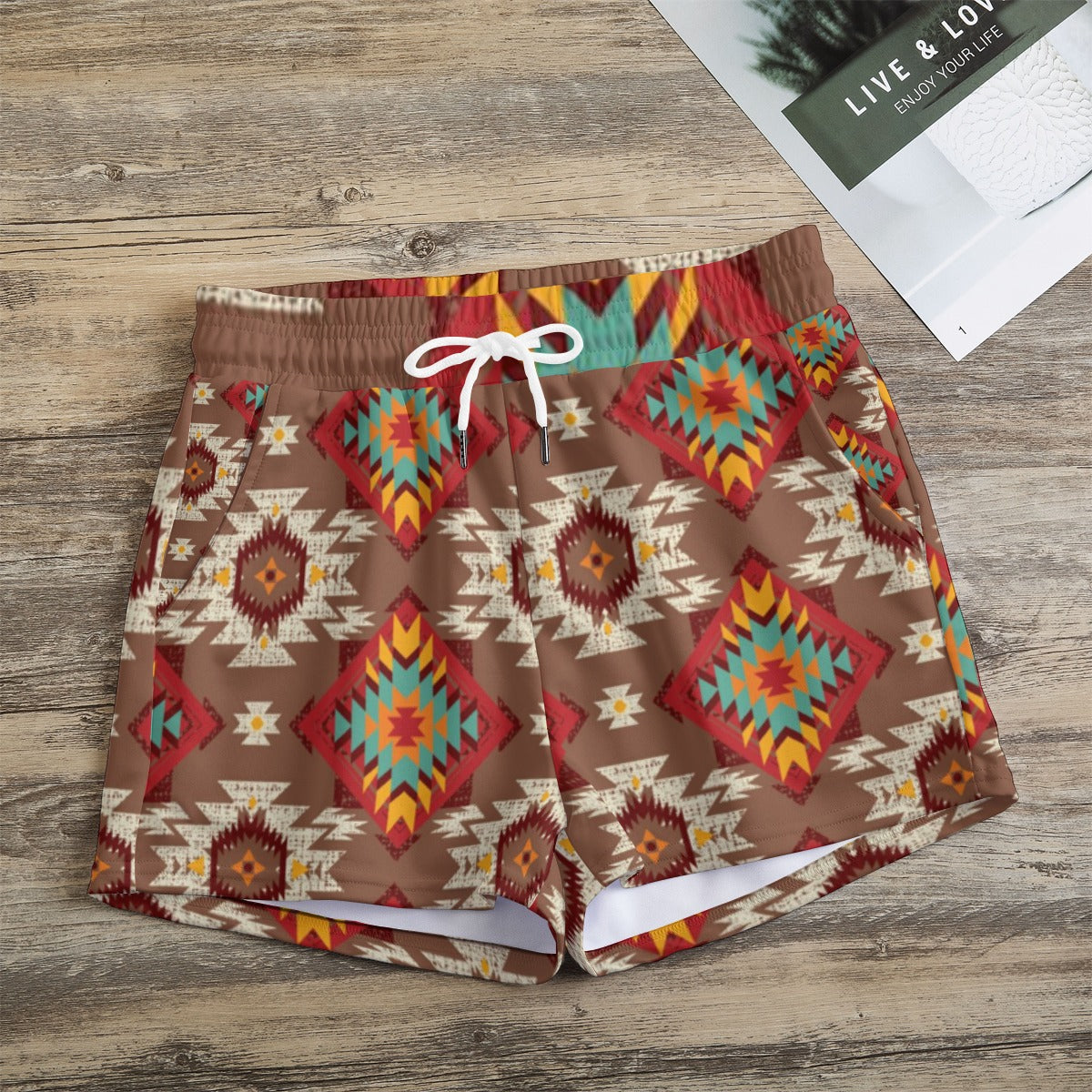 Brown red & Turquoise Aztec Casual Shorts