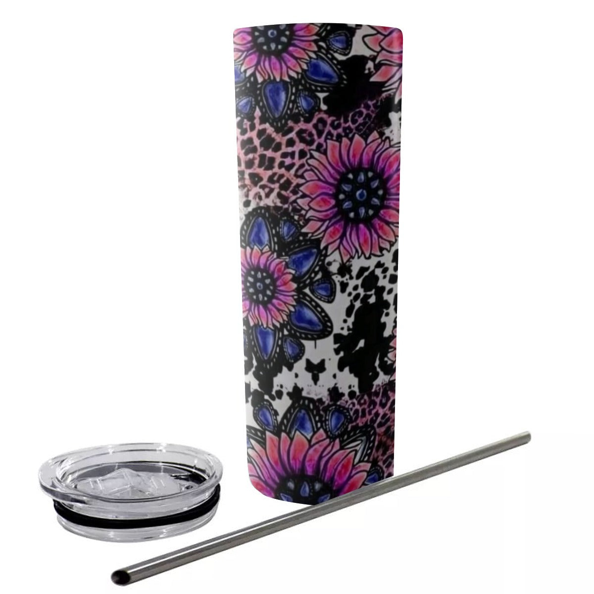 Cowprint Pink & Purple Sunflower Glitter Tumbler With Stainless Steel Straw 20oz