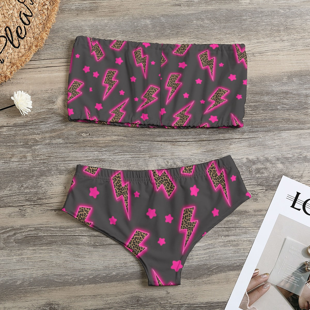 Hot pink Leopard Lightening Bandeau Strapless Bikini Swimsuit