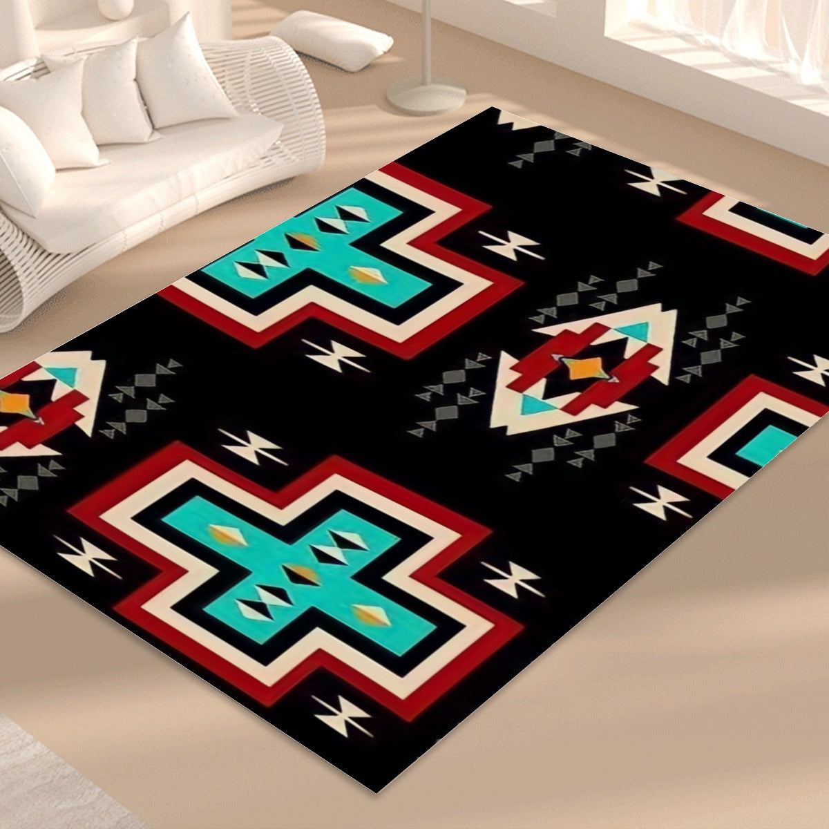 Black red & Turquoise Aztec Foldable Rectangular Floor Mat