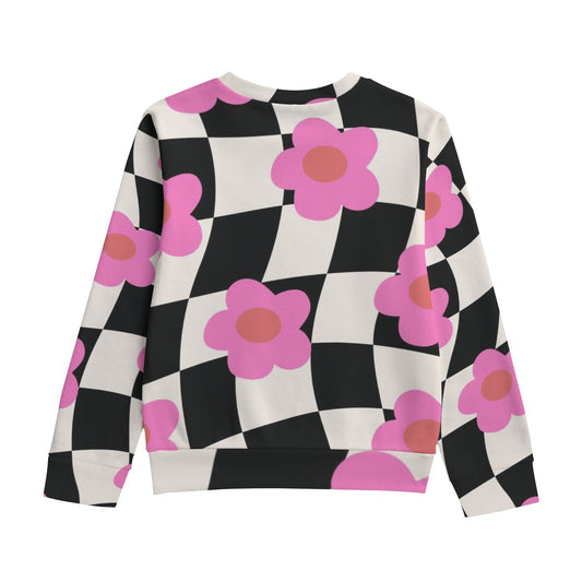 Retro Checkered Floral Kid's Round Neck Sweatshirt