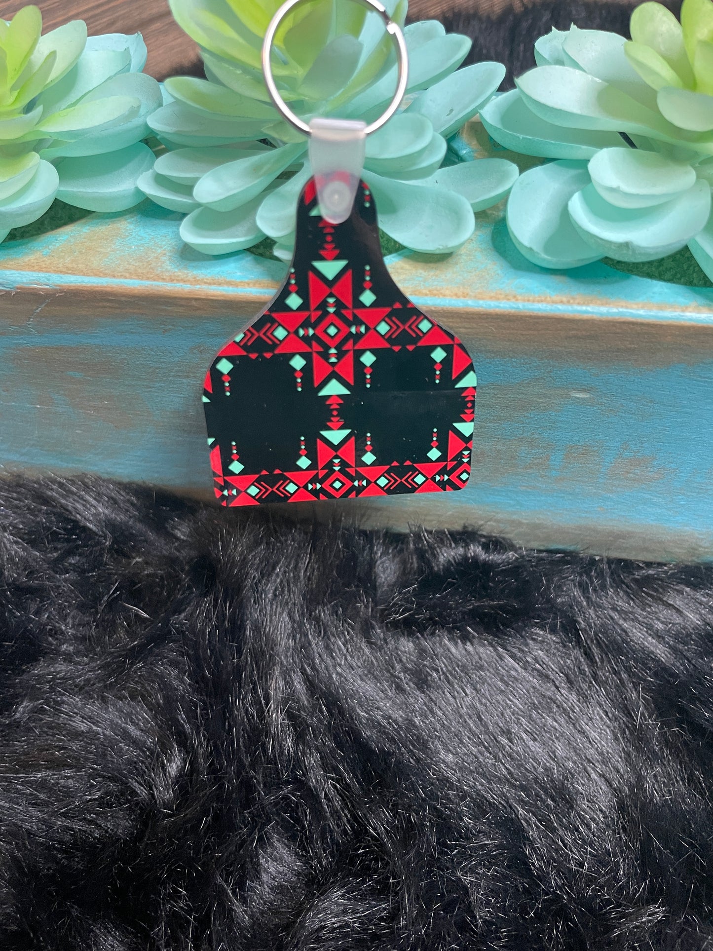 Black Red & Turquoise Aztec Eartag Keychain