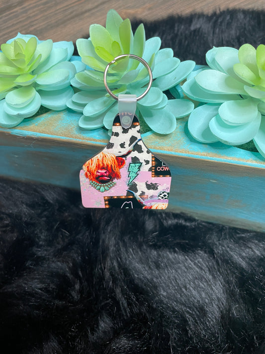 Pink highland cow western collage eartag keychain