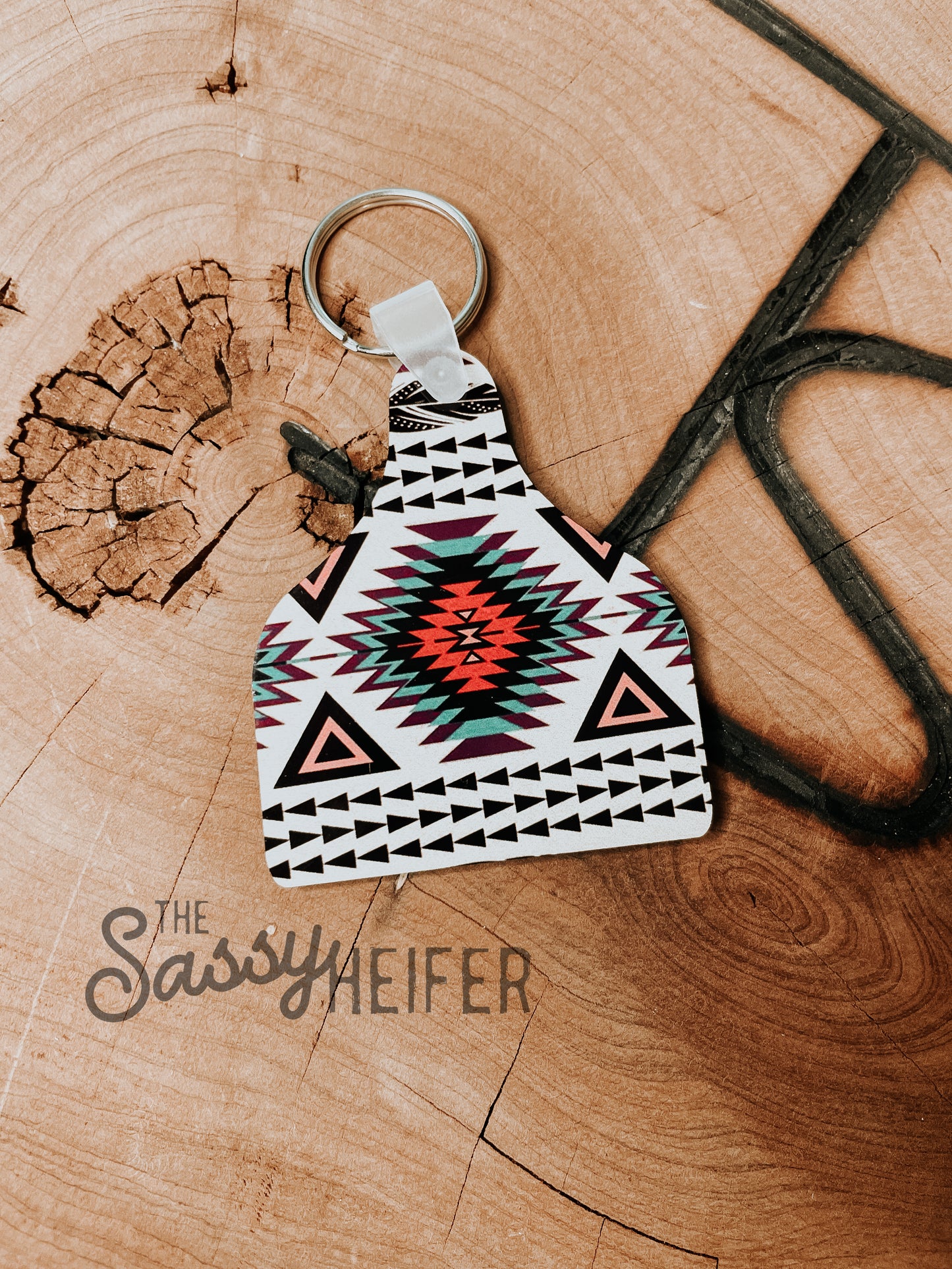 White & Pink Aztec Eartag Keychain