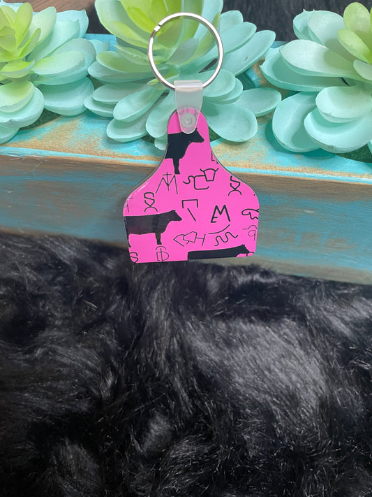 Pink Cow Branded Ear Tag Keychain