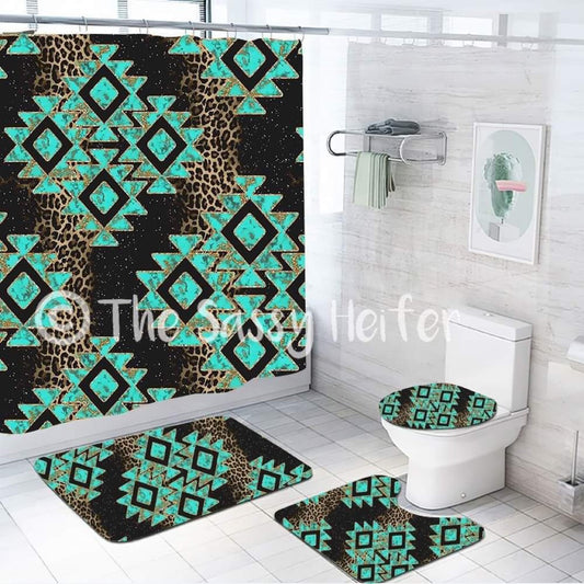 Leopard & Turquoise Aztec Shower Curtain Set