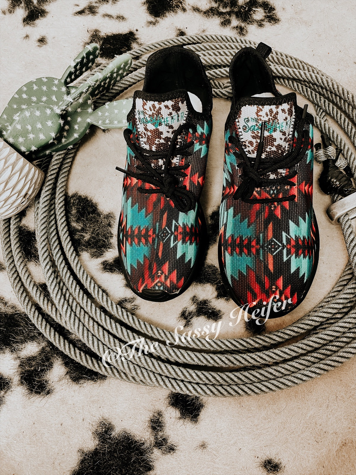Red Aztec & Cowhide Tennis Shoes