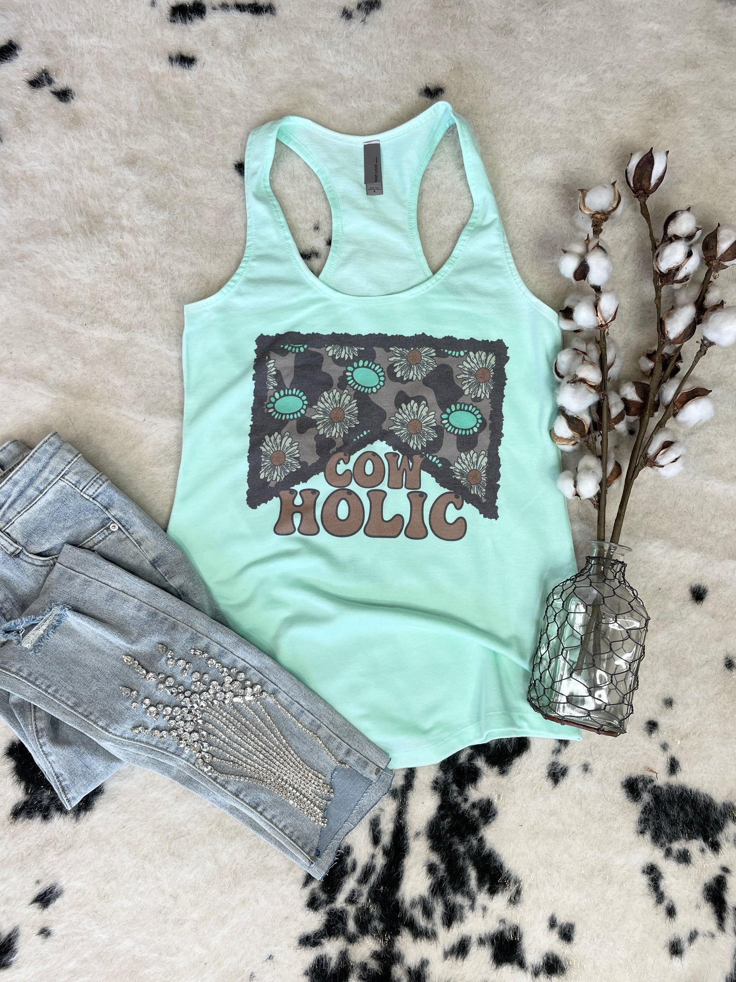 Cigarette Cowholic Teal Tank Top