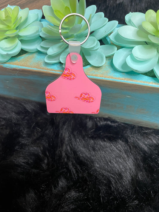 Pink Neon Cowboy Hat Ear Tag Keychain