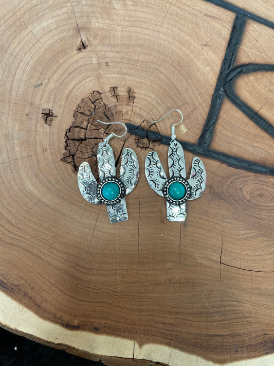 Silver Turquoise Stone Cactus Dangle Earrings